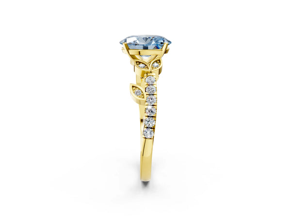 Yellow gold Fancy Blue Oval Cut Solitaire Leaf-Inspired Diamond Ring with Pavé Band and Four-Prong Setting