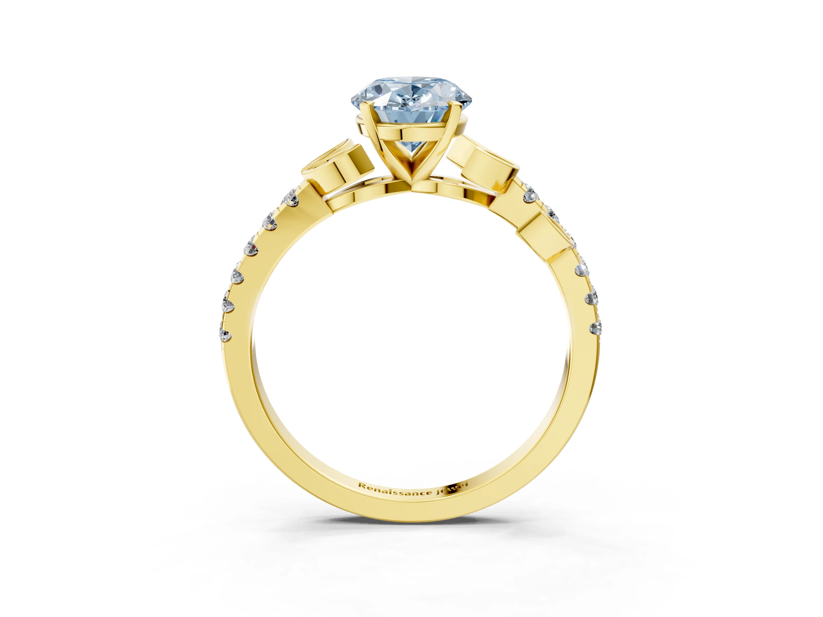 Yellow gold Fancy Blue Oval Cut Solitaire Leaf-Inspired Diamond Ring with Pavé Band and Four-Prong Setting_3
