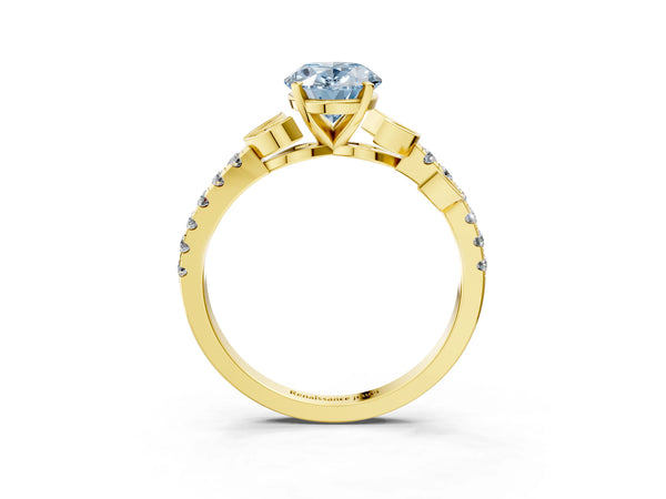 Yellow gold Fancy Blue Oval Cut Solitaire Leaf-Inspired Diamond Ring with Pavé Band and Four-Prong Setting