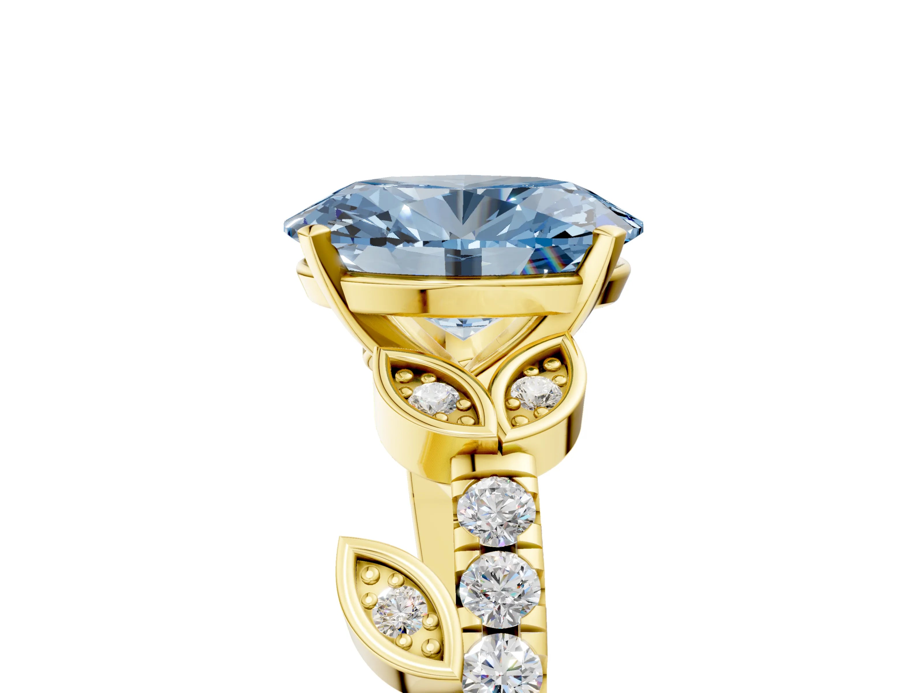 Yellow gold Fancy Blue Oval Cut Solitaire Leaf-Inspired Diamond Ring with Pavé Band and Four-Prong Setting_5