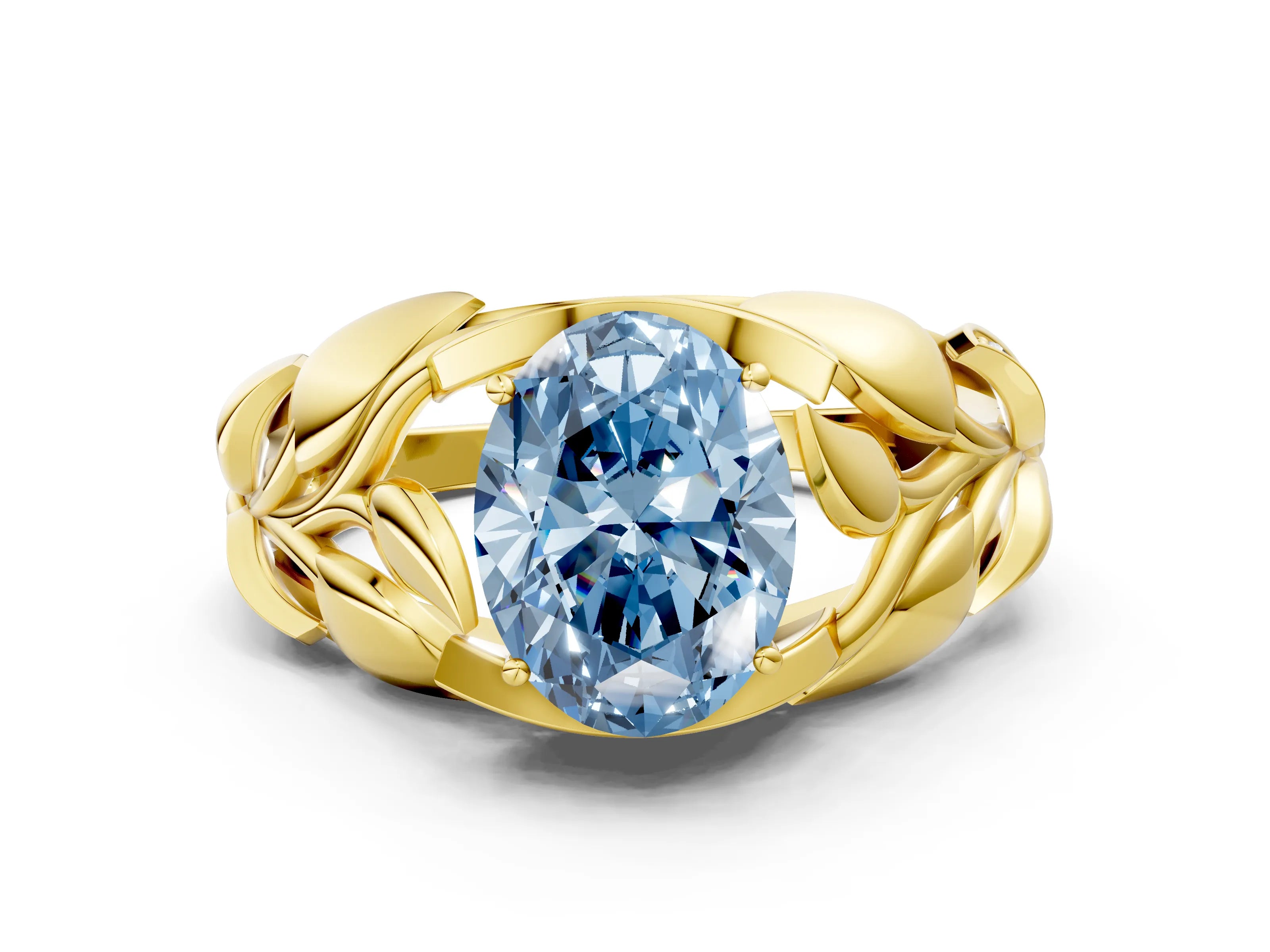 Yellow gold Fancy Blue Oval Cut Solitaire Leaf-Inspired Engagement Ring with Prong Setting