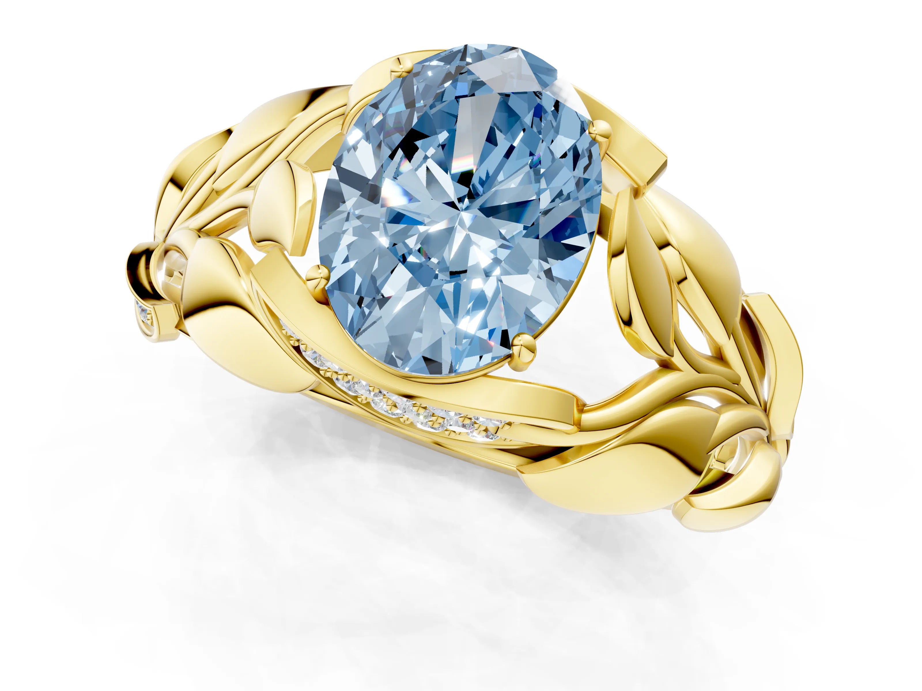 Yellow gold Fancy Blue Oval Cut Solitaire Leaf-Inspired Engagement Ring with Prong Setting_1