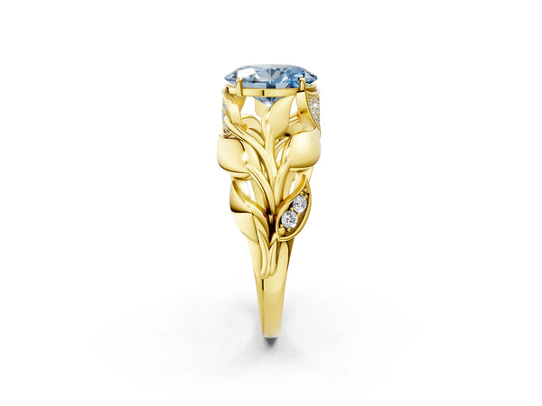 Yellow Gold Oval Leaf Bypass Engagement Ring Setting for Fancy Blue Center with Pave Leaf Panels
