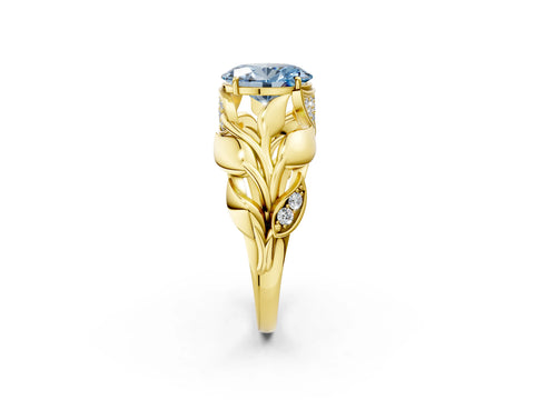 Yellow gold Fancy Blue Oval Cut Solitaire Leaf-Inspired Engagement Ring with Prong Setting_2