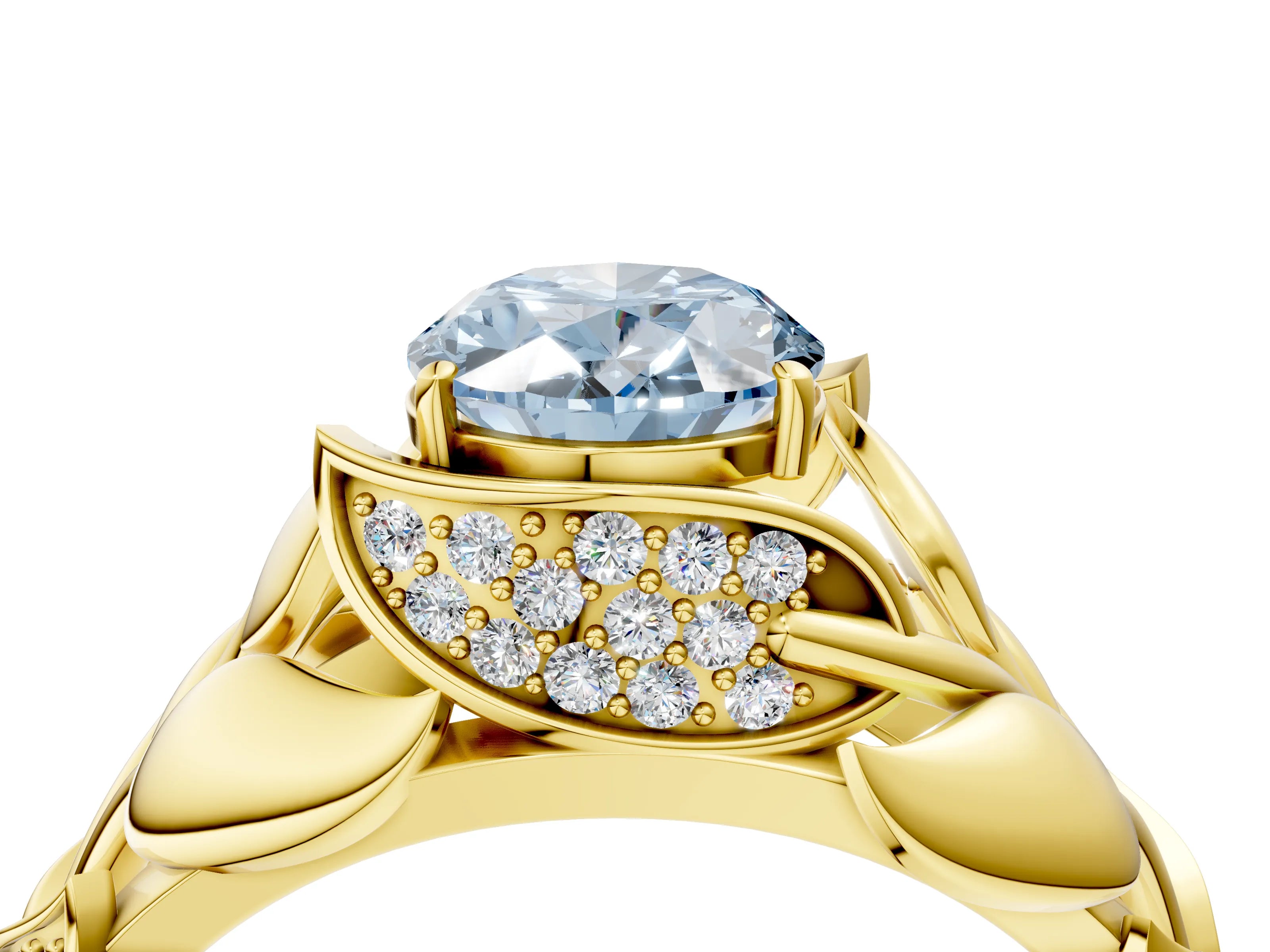 Yellow gold Fancy Blue Oval Cut Solitaire Leaf-Inspired Engagement Ring with Prong Setting_4