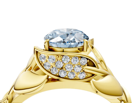 Yellow gold Fancy Blue Oval Cut Solitaire Leaf-Inspired Engagement Ring with Prong Setting_4