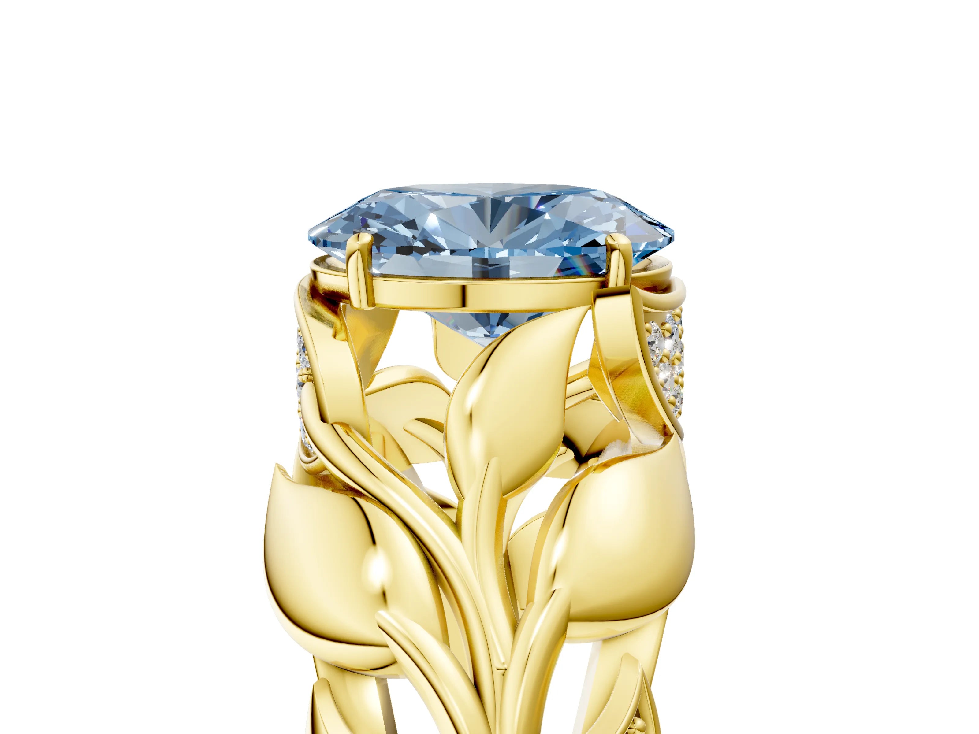 Yellow gold Fancy Blue Oval Cut Solitaire Leaf-Inspired Engagement Ring with Prong Setting_5