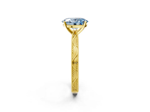 Yellow gold Fancy Blue Oval Cut Solitaire Milgrain Engraved Band with Four-Prong Setting_2