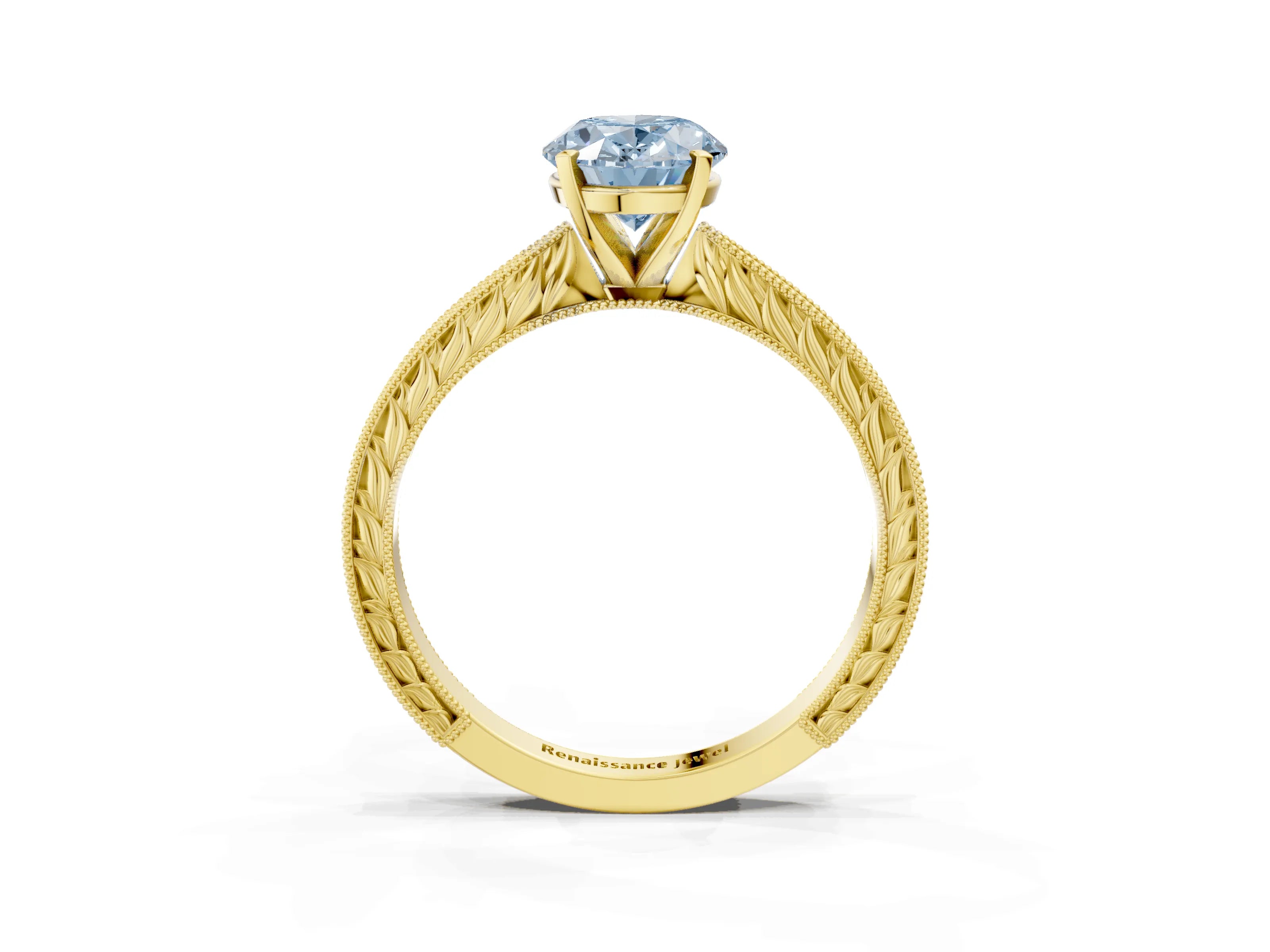 Yellow gold Fancy Blue Oval Cut Solitaire Milgrain Engraved Band with Four-Prong Setting_3