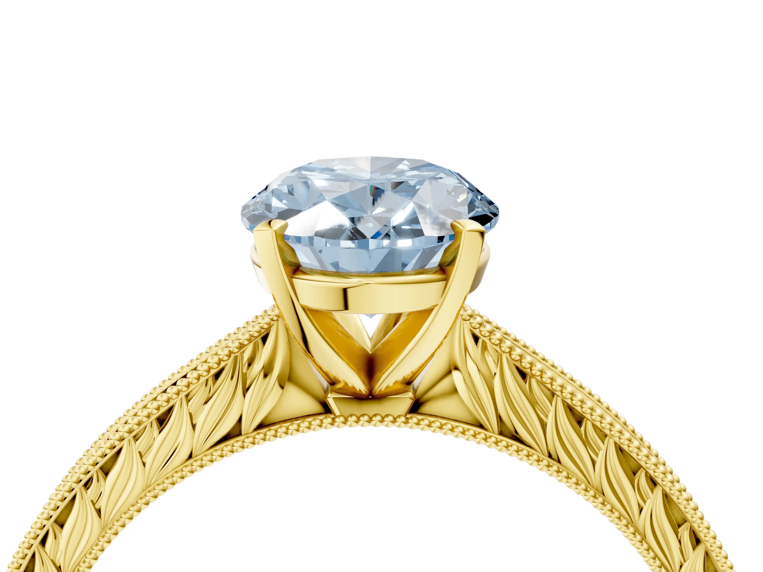 Yellow gold Fancy Blue Oval Cut Solitaire Milgrain Engraved Band with Four-Prong Setting_4