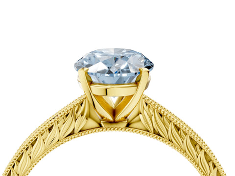Yellow gold Fancy Blue Oval Cut Solitaire Milgrain Engraved Band with Four-Prong Setting_4