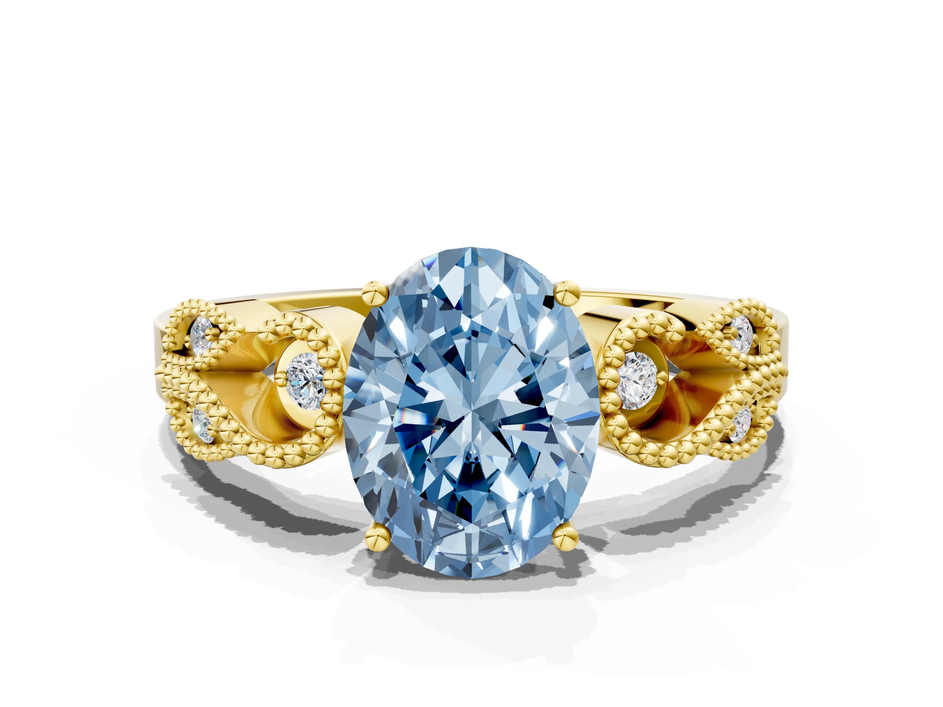 Yellow gold Fancy Blue Oval Cut Solitaire Milgrain Leaf Band with Prong Setting