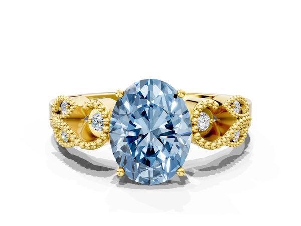 Yellow Gold Oval Vintage Solitaire Engagement Ring Setting for Fancy Blue Center