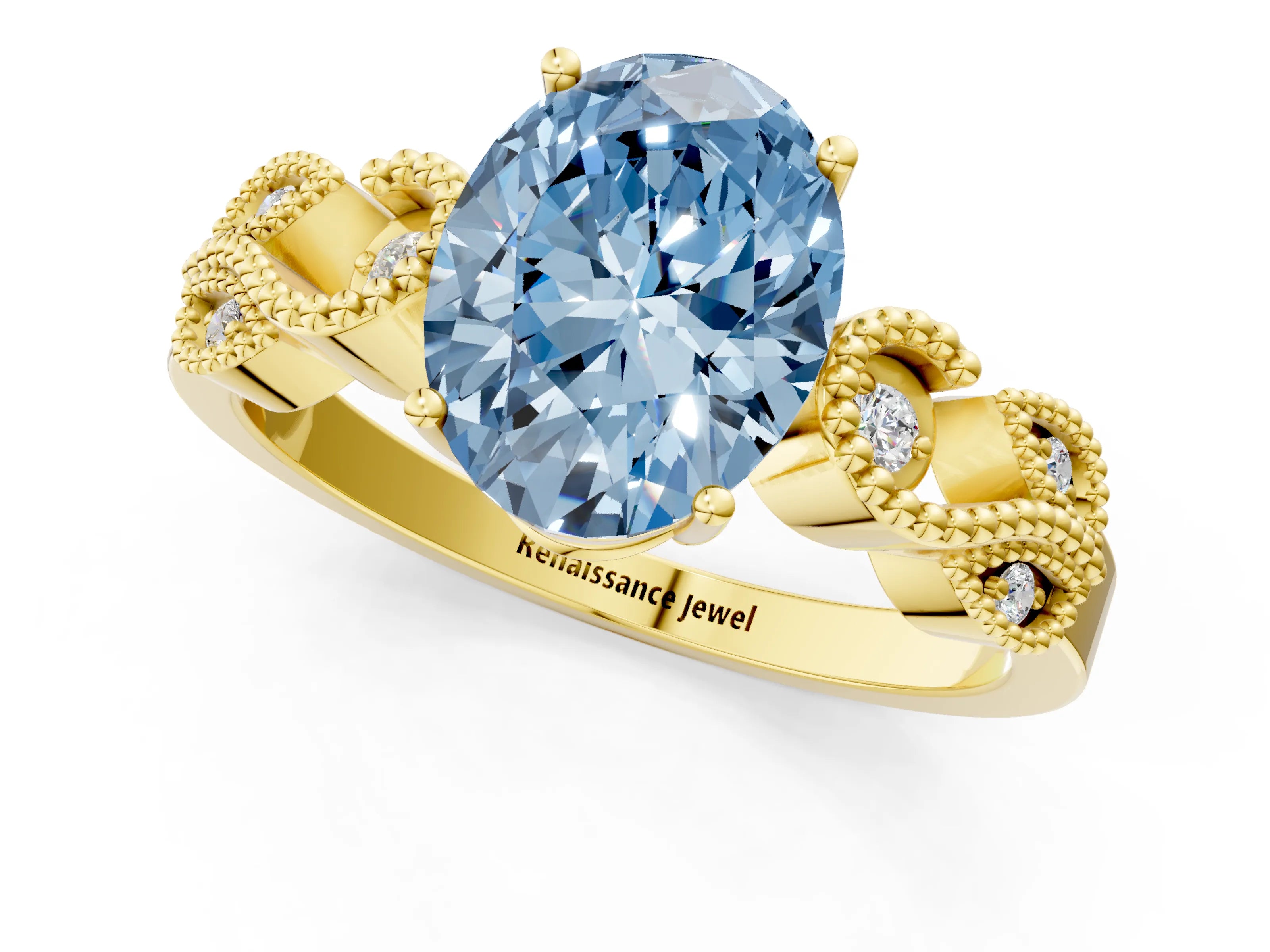 Yellow gold Fancy Blue Oval Cut Solitaire Milgrain Leaf Band with Prong Setting_1