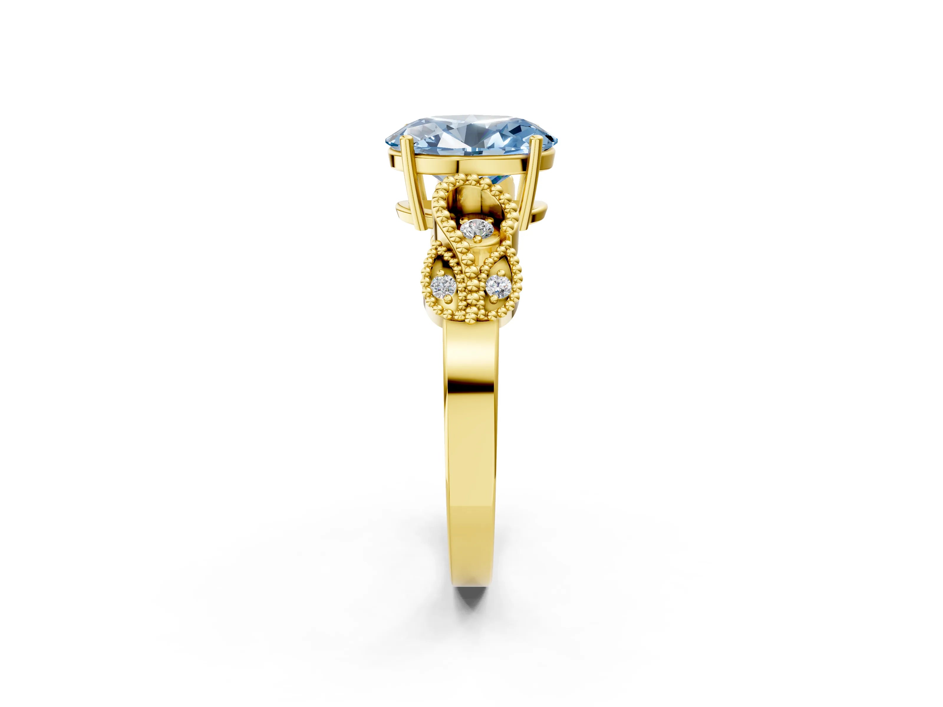Yellow gold Fancy Blue Oval Cut Solitaire Milgrain Leaf Band with Prong Setting_2