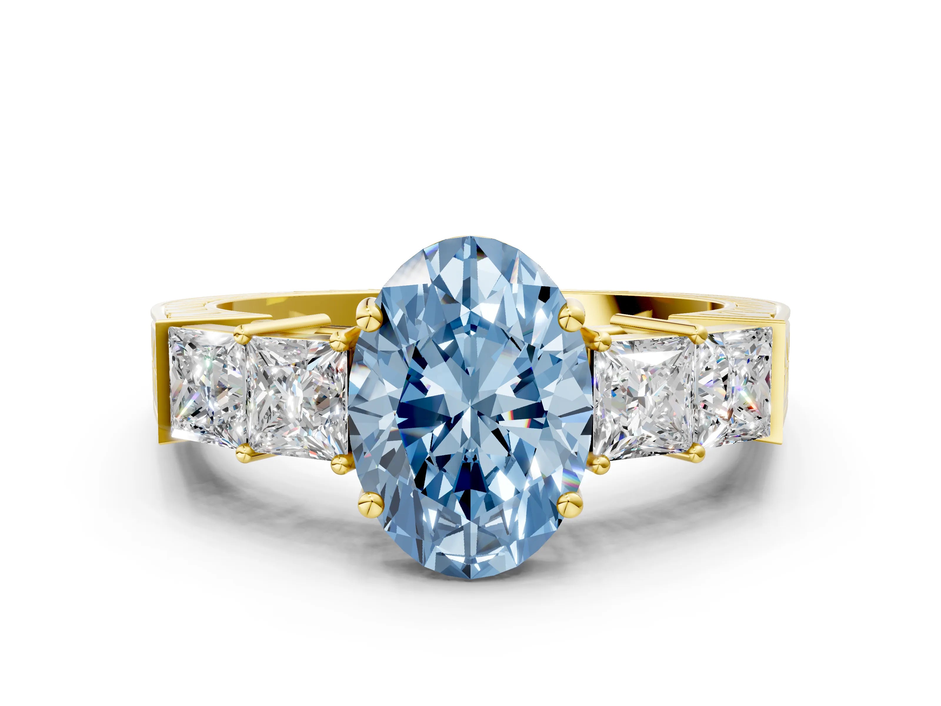 Yellow gold Fancy Blue Oval Cut Solitaire Princess Side Stone Engraved Band Prong Setting Ring