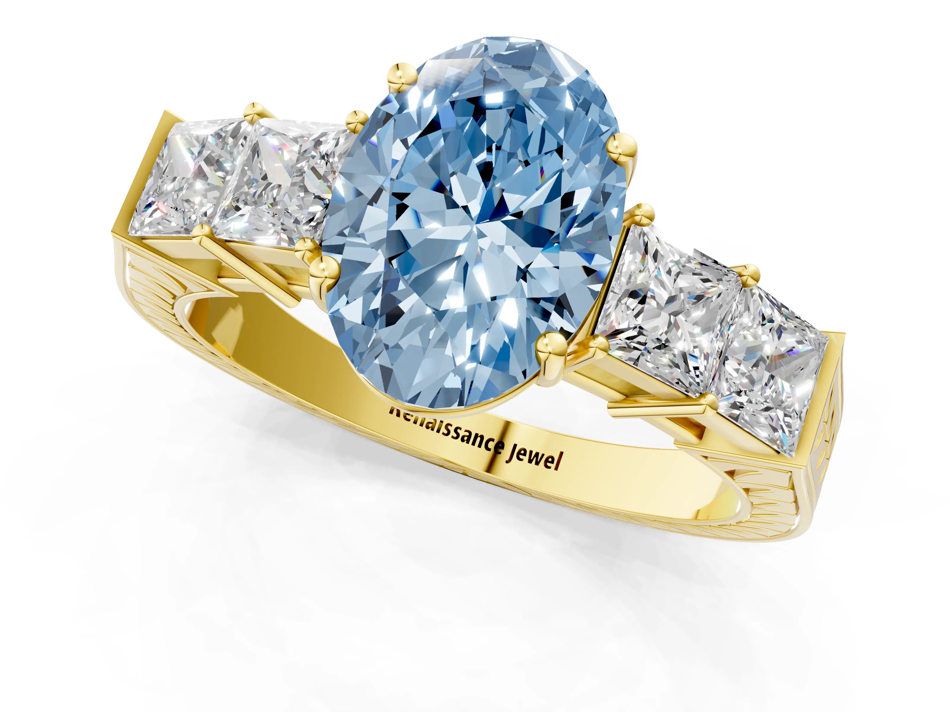 Yellow gold Fancy Blue Oval Cut Solitaire Princess Side Stone Engraved Band Prong Setting Ring_1