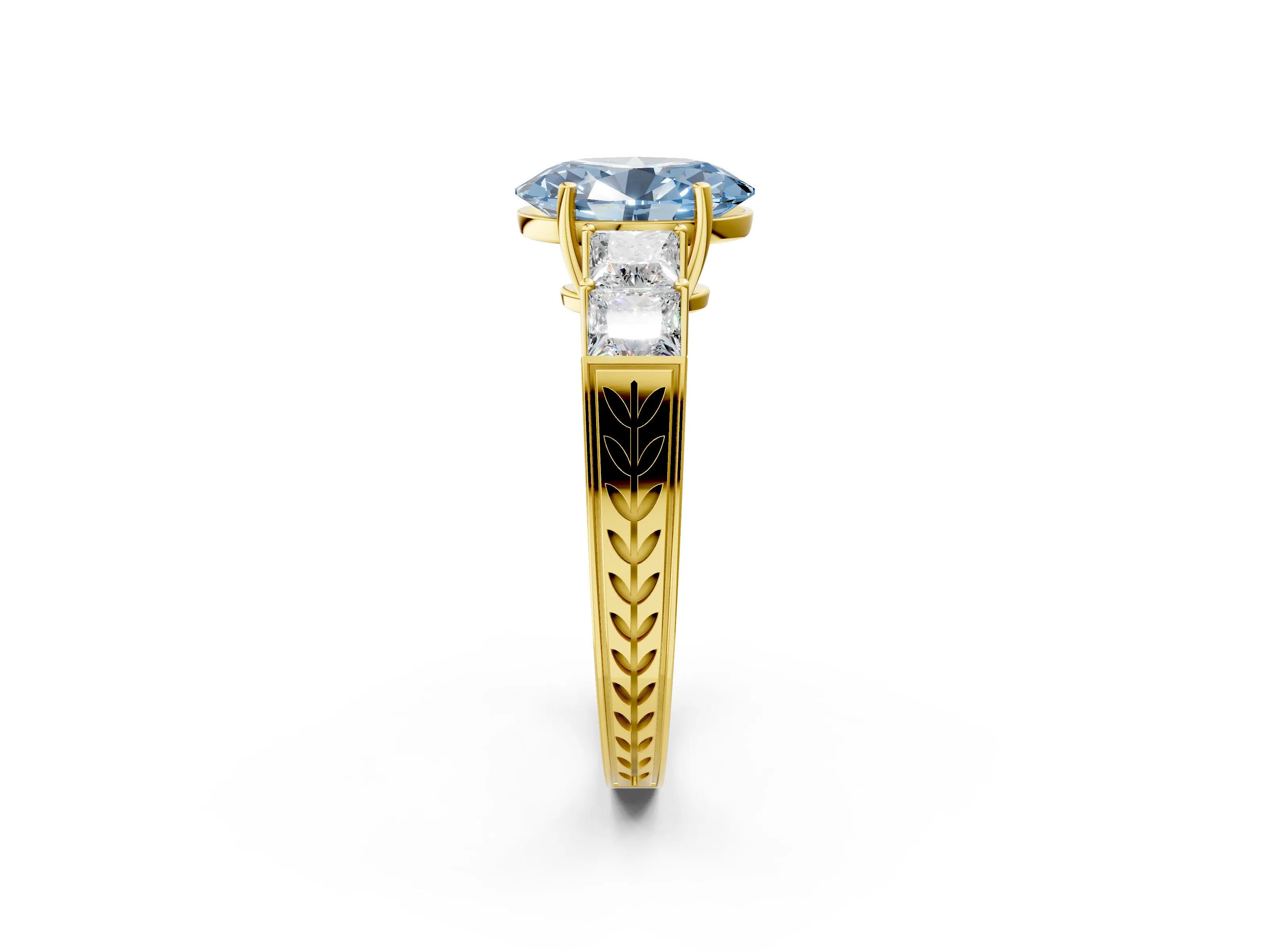 Yellow gold Fancy Blue Oval Cut Solitaire Princess Side Stone Engraved Band Prong Setting Ring_2