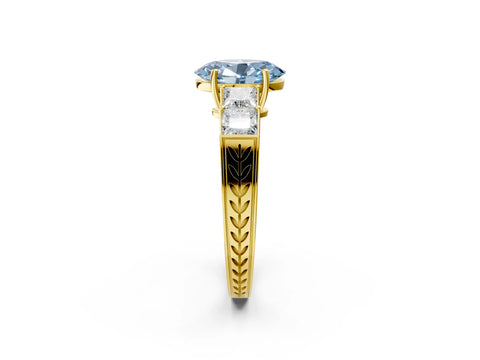Yellow gold Fancy Blue Oval Cut Solitaire Princess Side Stone Engraved Band Prong Setting Ring_2