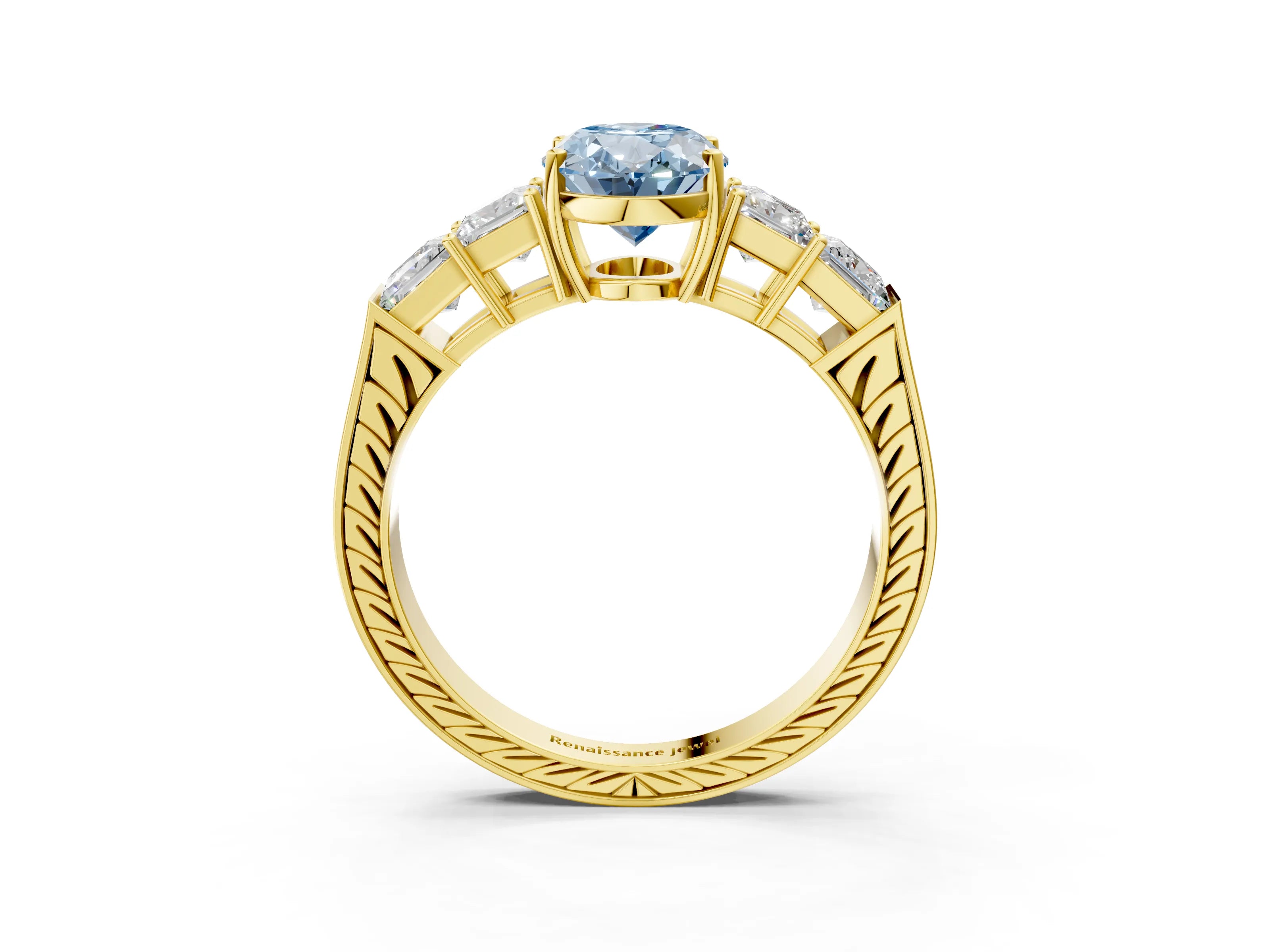 Yellow gold Fancy Blue Oval Cut Solitaire Princess Side Stone Engraved Band Prong Setting Ring_3