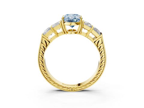 Yellow gold Fancy Blue Oval Cut Solitaire Princess Side Stone Engraved Band Prong Setting Ring_3