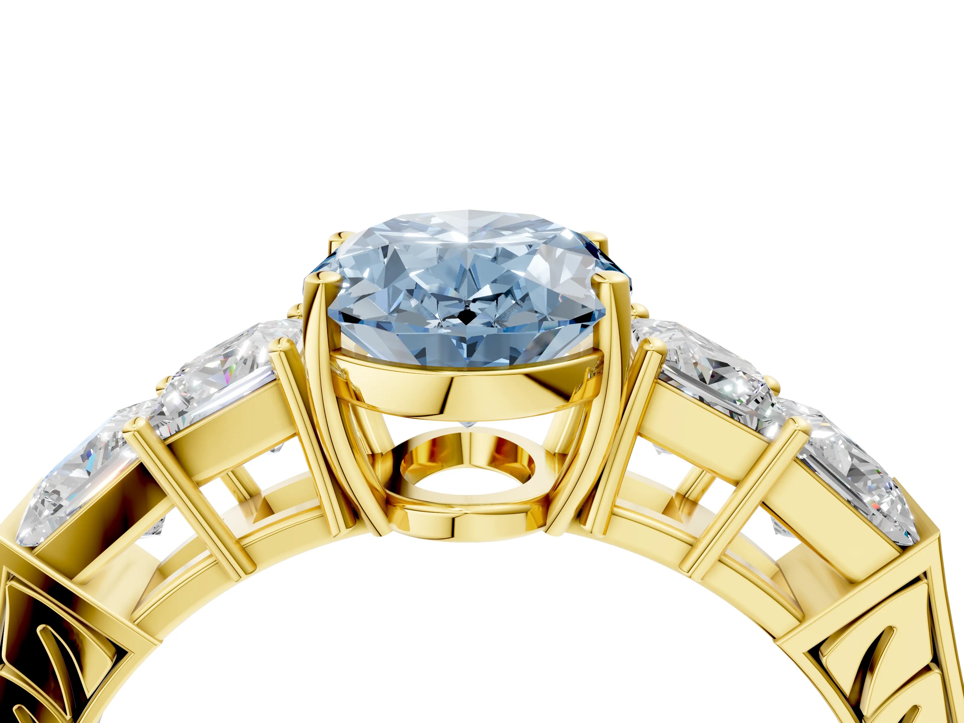 Yellow gold Fancy Blue Oval Cut Solitaire Princess Side Stone Engraved Band Prong Setting Ring_4