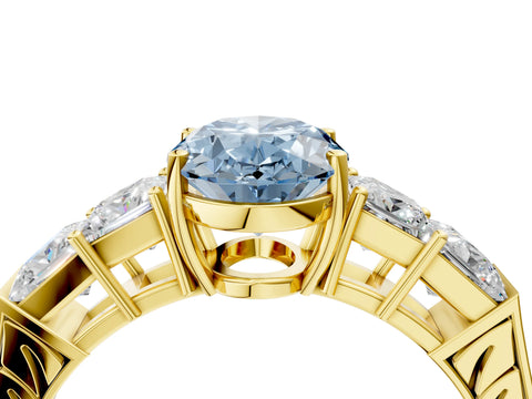 Yellow gold Fancy Blue Oval Cut Solitaire Princess Side Stone Engraved Band Prong Setting Ring_4