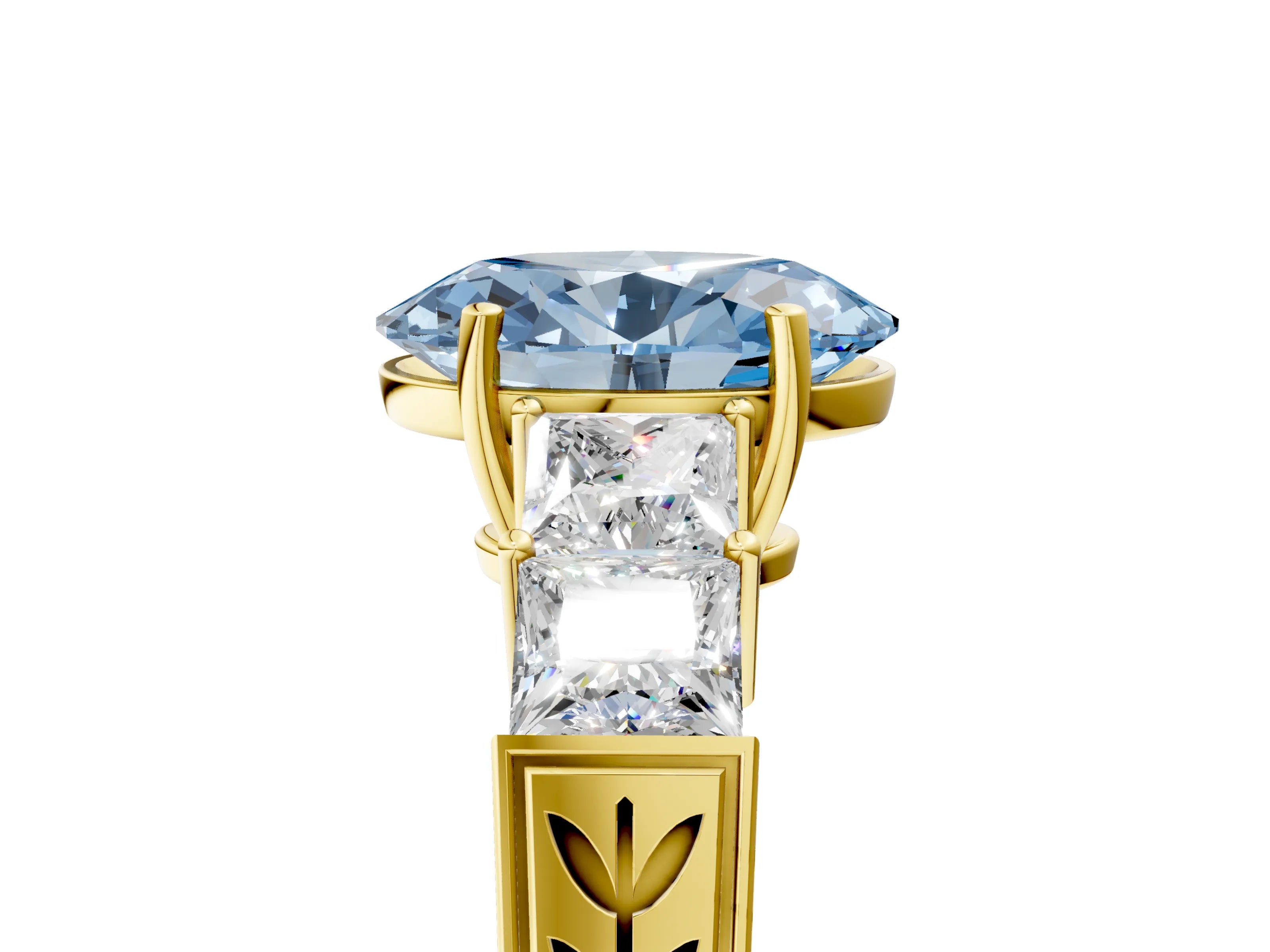 Yellow gold Fancy Blue Oval Cut Solitaire Princess Side Stone Engraved Band Prong Setting Ring_5