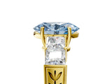 Yellow gold Fancy Blue Oval Cut Solitaire Princess Side Stone Engraved Band Prong Setting Ring_5