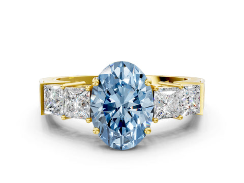 Yellow gold Fancy Blue Oval Cut Solitaire Princess Side Stone Engraved Band Prong Setting Ring