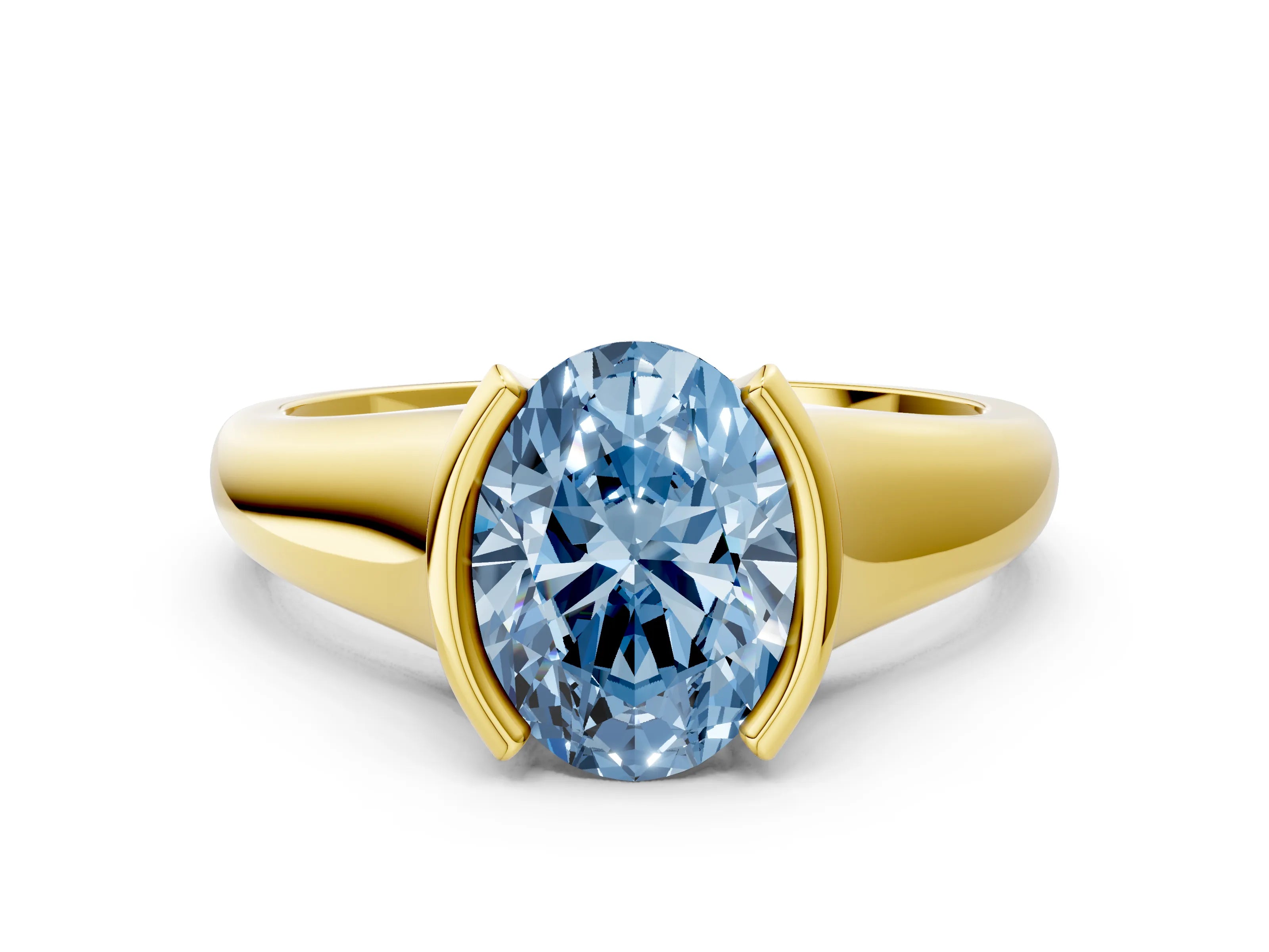 Yellow gold Fancy Blue Oval Cut Solitaire Tension Set Diamond Ring with Split Shank Band