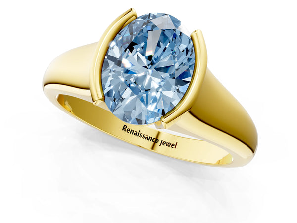 Yellow gold Fancy Blue Oval Cut Solitaire Tension Set Diamond Ring with Split Shank Band
