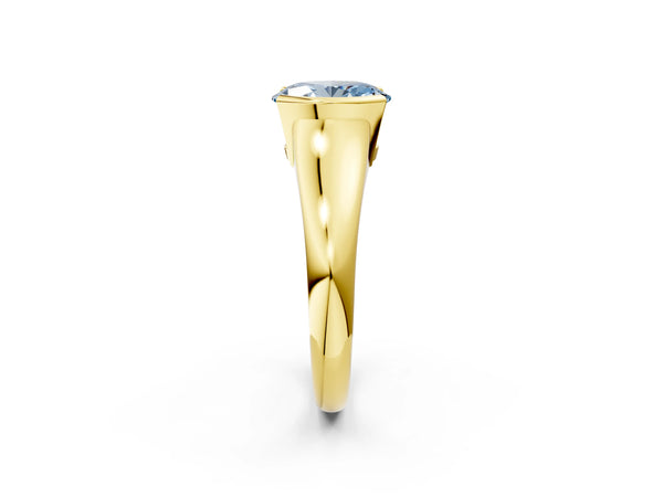 Yellow gold Fancy Blue Oval Cut Solitaire Tension Set Diamond Ring with Split Shank Band
