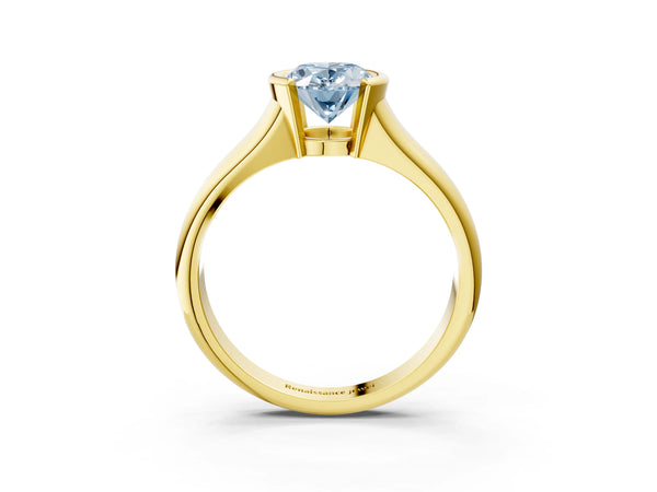 Yellow gold Fancy Blue Oval Cut Solitaire Tension Set Diamond Ring with Split Shank Band