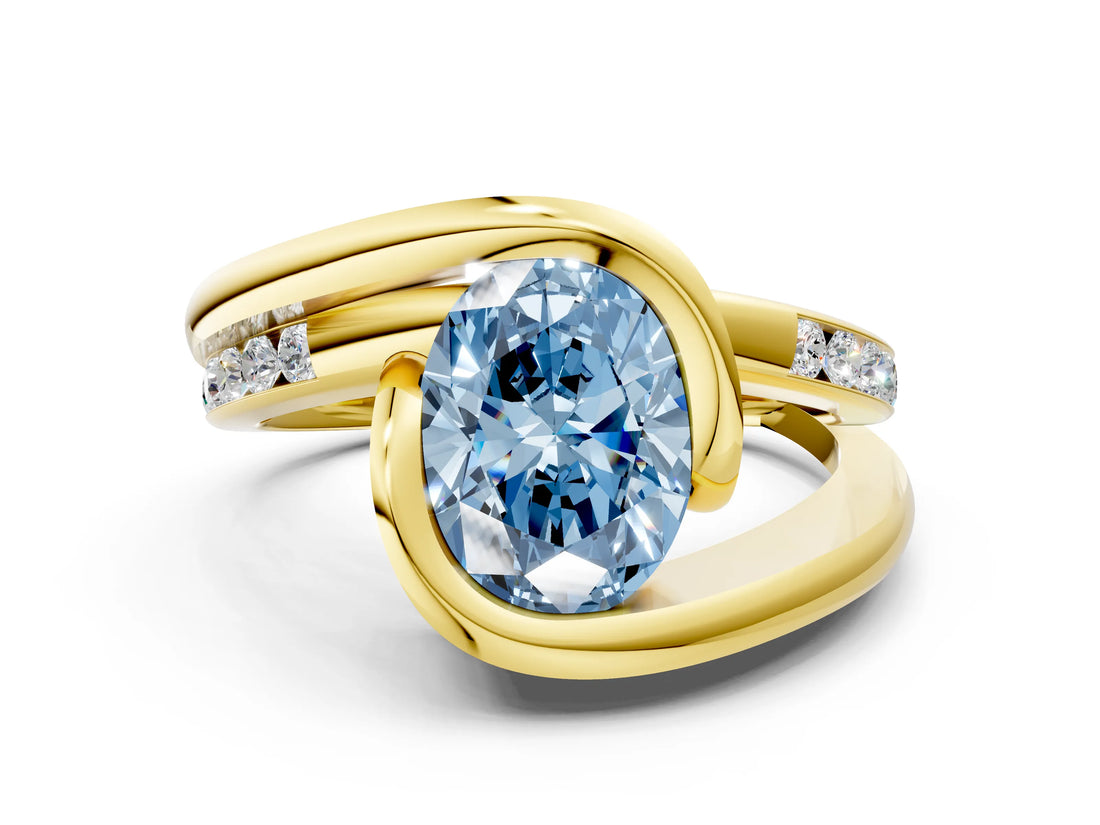 Yellow gold Fancy Blue Oval Cut Solitaire Tension-Set Diamond Split Shank Ring