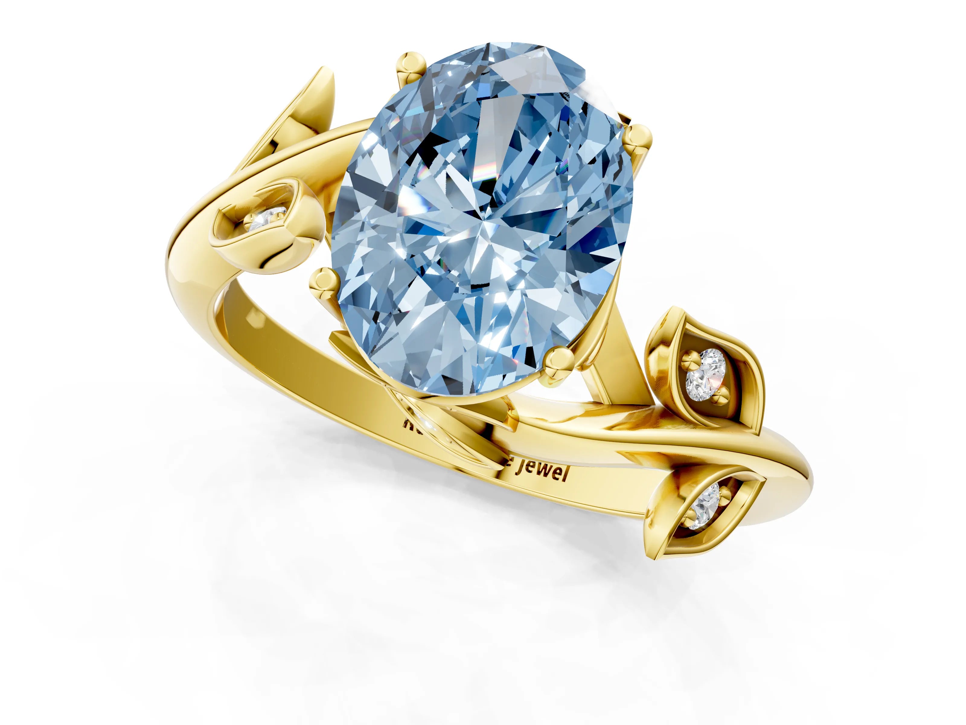Yellow gold Fancy Blue Oval Cut Solitaire Twist Engagement Ring with Leaf Accents and Prong Setting_14