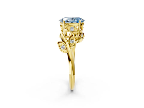 Yellow gold Fancy Blue Oval Cut Solitaire Twist Engagement Ring with Leaf Accents and Prong Setting_15