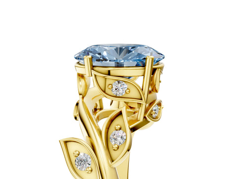 Yellow gold Fancy Blue Oval Cut Solitaire Twist Engagement Ring with Leaf Accents and Prong Setting_18