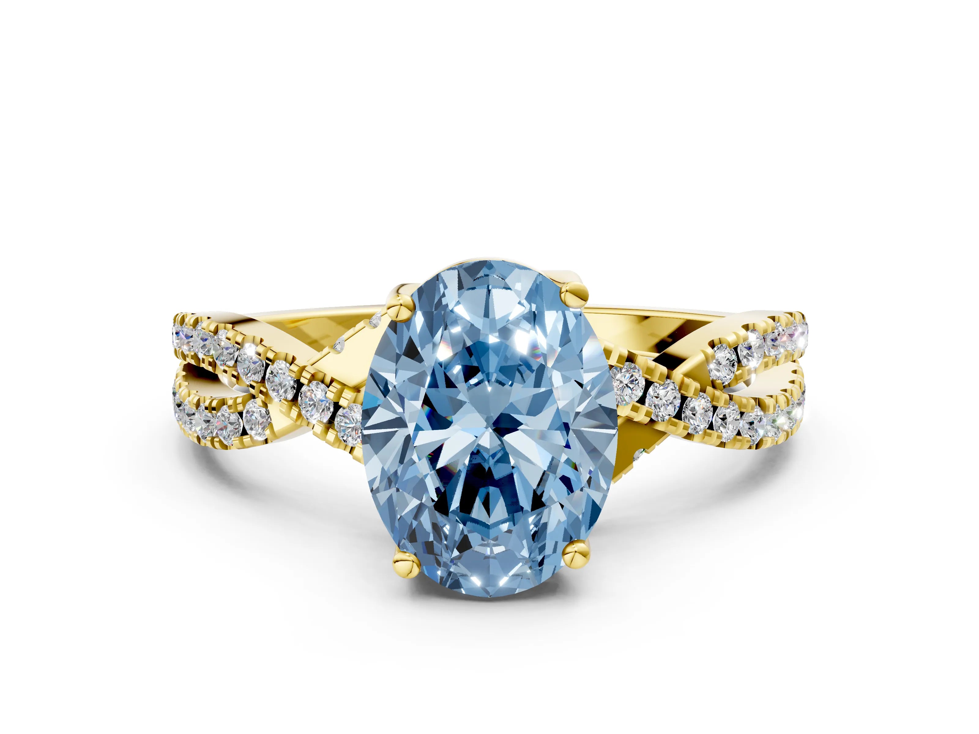 Yellow gold Fancy Blue Oval Cut Solitaire Twist Pave Diamond Engagement Ring with Prong Setting