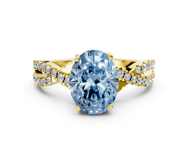 Yellow gold Fancy Blue Oval Cut Solitaire Twist Pave Diamond Engagement Ring with Prong Setting