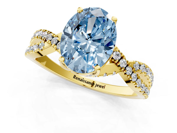 Yellow gold Fancy Blue Oval Cut Solitaire Twist Pave Diamond Engagement Ring with Prong Setting