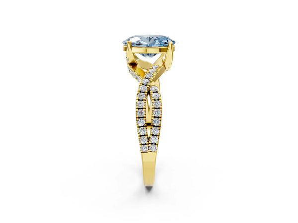 Yellow gold Fancy Blue Oval Cut Solitaire Twist Pave Diamond Engagement Ring with Prong Setting