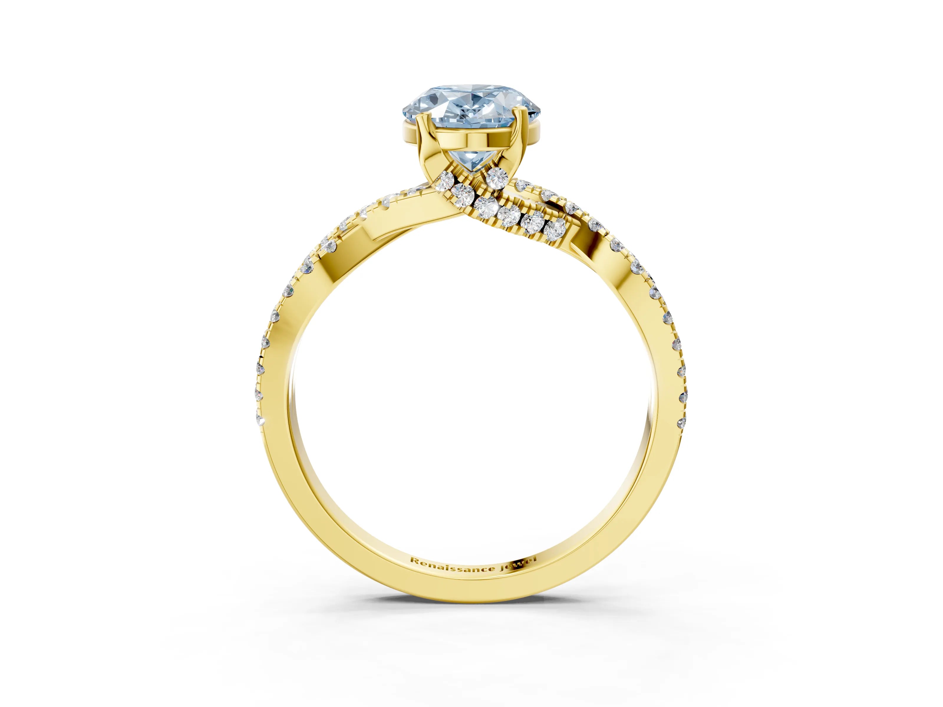 Yellow gold Fancy Blue Oval Cut Solitaire Twist Pave Diamond Engagement Ring with Prong Setting_3