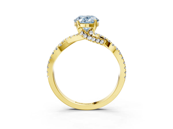 Yellow gold Fancy Blue Oval Cut Solitaire Twist Pave Diamond Engagement Ring with Prong Setting