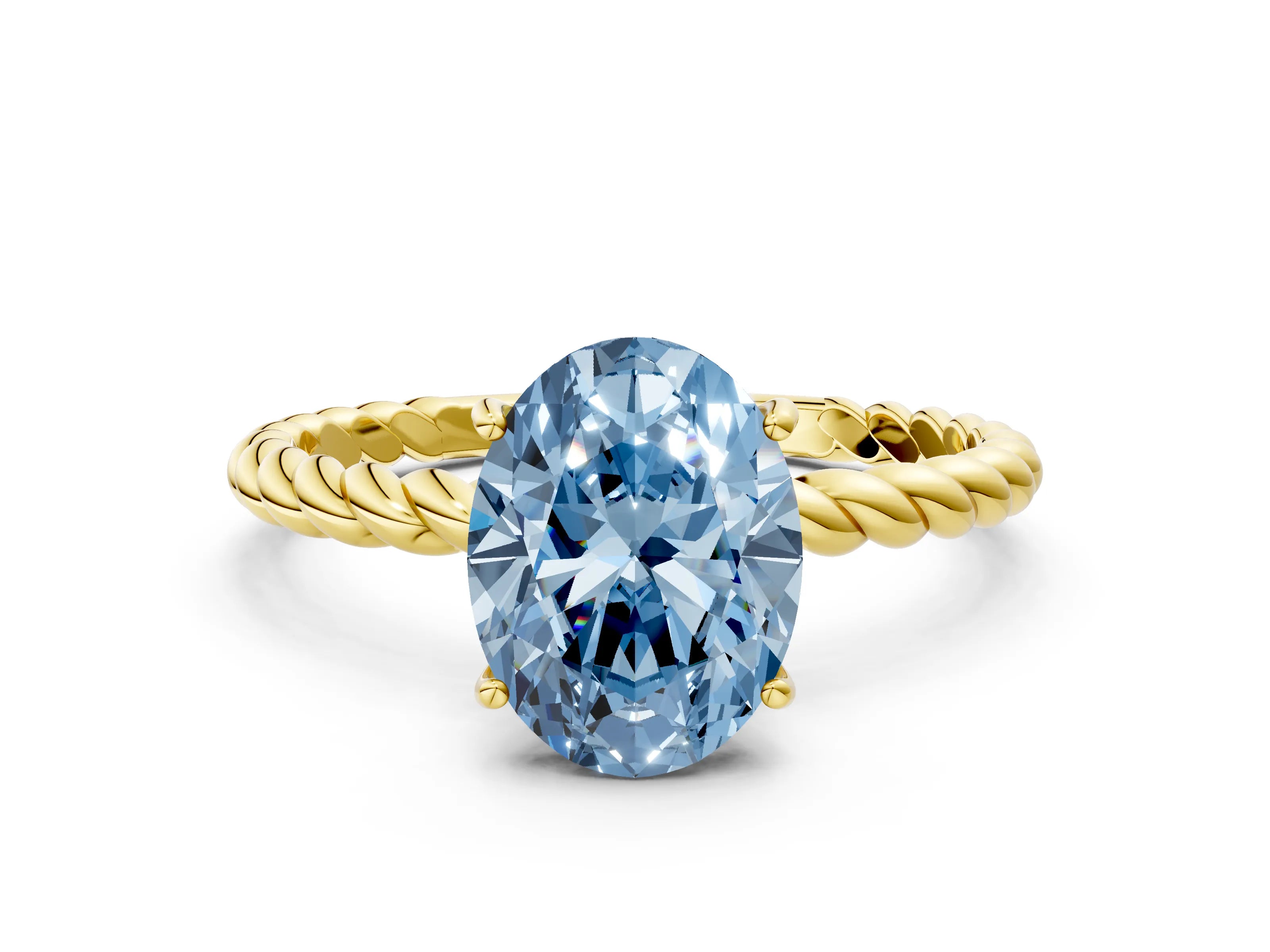 Yellow gold Fancy Blue Oval Cut Solitaire Twisted Band 4-Prong Ring