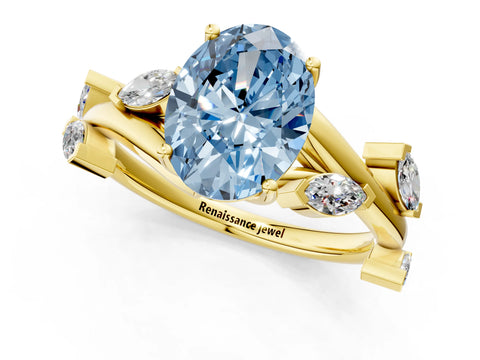 Yellow gold Fancy Blue Oval Cut Solitaire Twisted Band Marquise Accent Prong Setting Ring_1