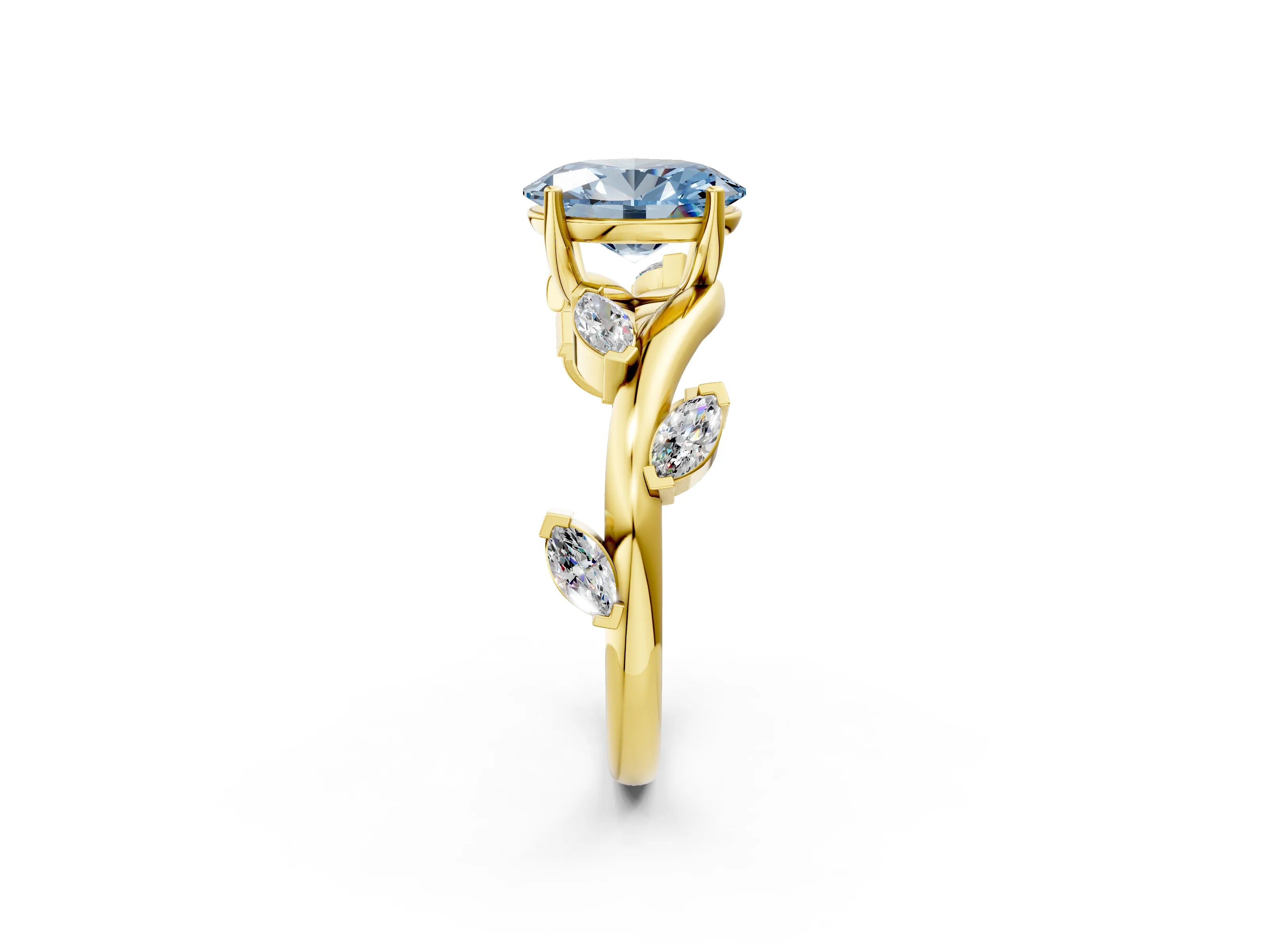 Yellow gold Fancy Blue Oval Cut Solitaire Twisted Band Marquise Accent Prong Setting Ring_2