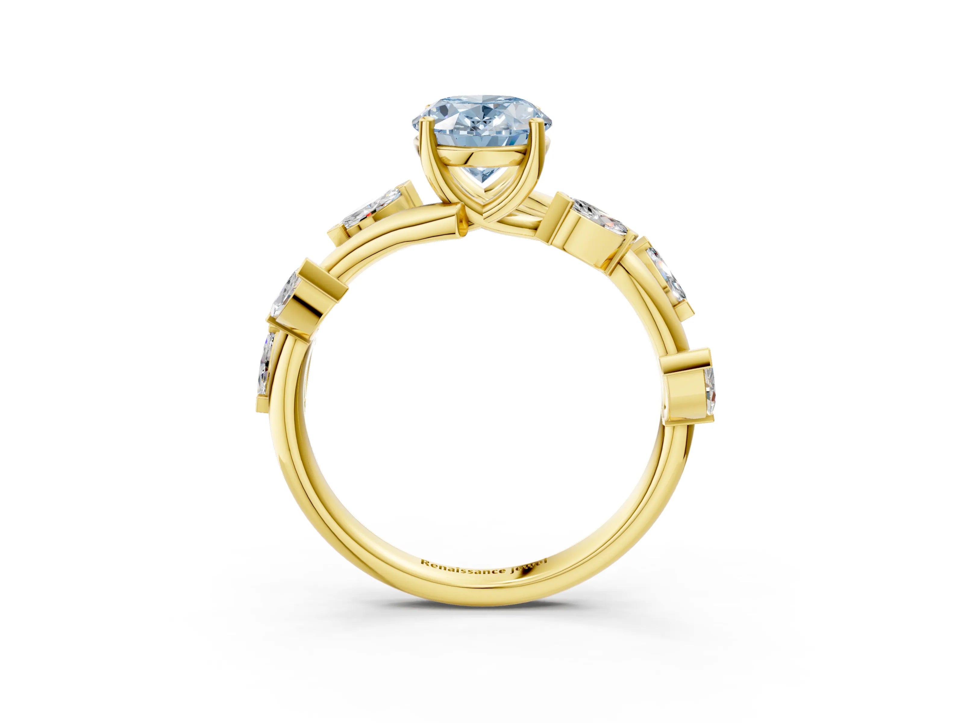 Yellow gold Fancy Blue Oval Cut Solitaire Twisted Band Marquise Accent Prong Setting Ring_3