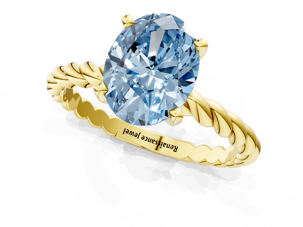 Yellow gold Fancy Blue Oval  Cut Solitaire Twisted Band with Four-Prong Setting