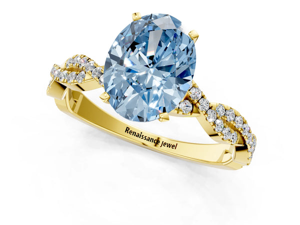 Yellow gold Fancy Blue Oval Cut Solitaire Twisted Pave Band with Four-Prong Setting